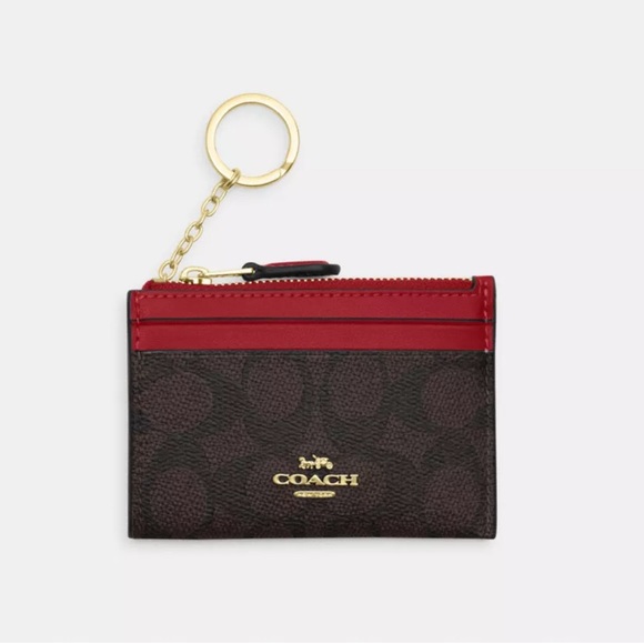 Coach Signature mini skinny Canvas ID Case in Red and Brown obo